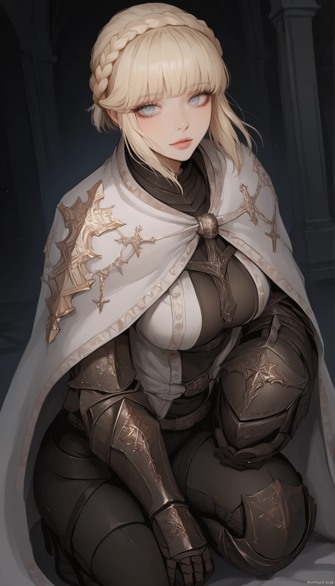score_9_up, score_9, score_8_up, score_8, score_7_up, score_7, cinematic lighting, raw, high quality, 4k resolution, absurdres, masterpiece, dynamic lighting, high contrast, morimee_style, detailed face, 1girl, solo,
1girl, solo, perfect eyes, perky breasts, round breasts, (petite), angular features, sharp features, (perfect eyes), ((cute)), perky breasts, busty, slim body, (cute), toned, ((slim body)), busty,
dark background, beam of light,
NeedleKnightLeda, blue eyes, blonde hair, bangs, crown braid, plate armor, white cape, breastplate, Knight, gloves, gauntlets, shoulder armor, black pants, gothic, church, on one knee,