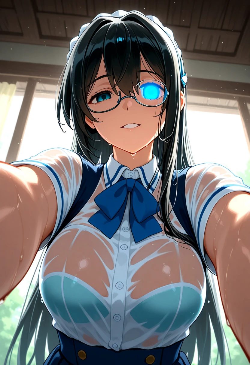 highest quality,wonderful,finely,extremely detailed CG Unity 8K wallpaper,1 girl,(huge breasts),sailor suit, (light blue striped bra),Titty fuck,open your mouth, black hair, glasses, blue eyes,twin tails,