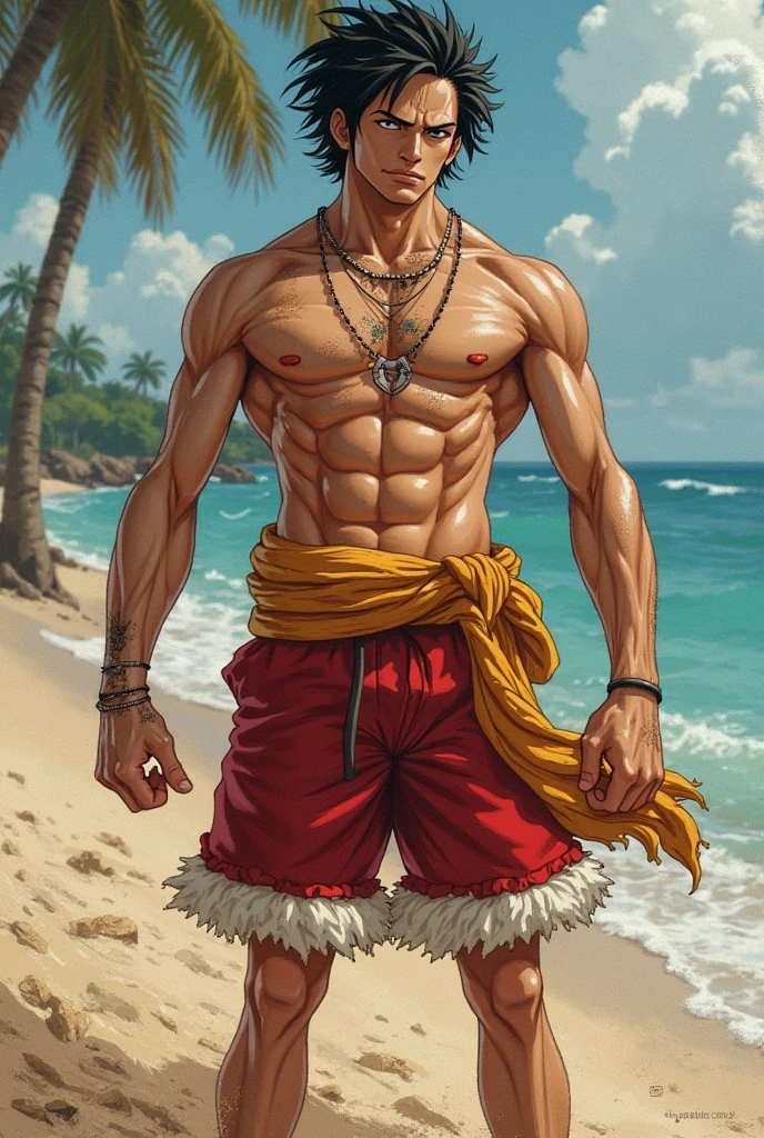 1 male, high resolution 8k, young, handsome, perfect face detail, detailed eyes and face, clean shaved, sixpack realistic, white eyebrow hair, white eyelashes, dynamic lighting, unreal engine, hd picture, satoru gojo, Jujutsu kaisen, white hair, short hair ,hair between eyes ,blue eyes, white skin, beach background