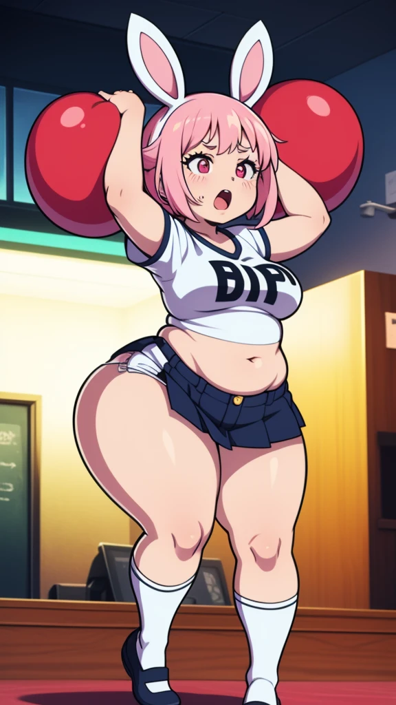 ((Masterpiece)), perfect anatomy, perfect shading, field of depth, (best quality), extremely delicate and beautiful, perfect lighting, detailed face, ultra cute face, cute, full body, (((1girl))), (((solo))),
singer idol, short hair, fluffy hair, pink hair, hair decoration, green eyes, (((blush))), shy, nervous, embarrassed, (ornate red crop top 1.2), short fluffy skirt, thigh highs, arm warmers, choker, extremely tight clothes, medium breasts, cleavage, perky breasts, (((wide hips))), ((thick thighs)), ((plump)), sweating, chubby belly, fat rolls, belly hang, she has a jiggly belly,
stage, neon lights, intricate background, detailed background, holding a mic,