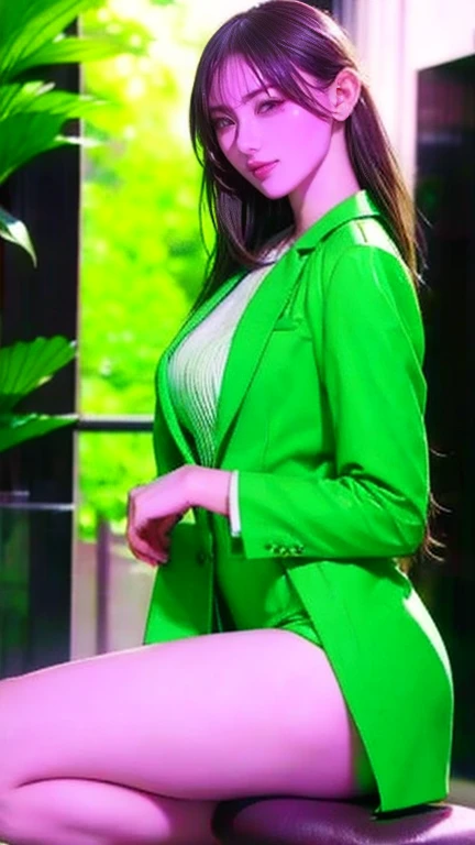 fashion model 18 years old[[cleavage]]、[[tits]]]]、[[hip joint]]]]、[[shoulder]]]]、perfect eyes、perfect iris、perfect lips、perfect teeth、perfect skin、Fair skin、soft forelight、hdr、movie girls、The background is outdoors、green tree々and flowers、(tailored_Blazer_dress:1.5),(pointed_mule:1.4),(Wear an open white shirt,)  ((gold necklace_Large earrings:1.2)),