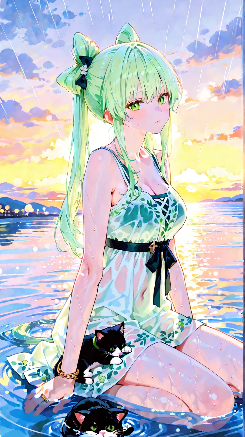 (maximum quality image, masterpiece), detailed landscape, tranquil lake (reflecting the vibrant sky at dusk),nuances of colors,quiet. Rei Miyamoto from Highschool of the Dead Two bangs of hair at the top of the head a little tail of hair at the back of the head green bikini
