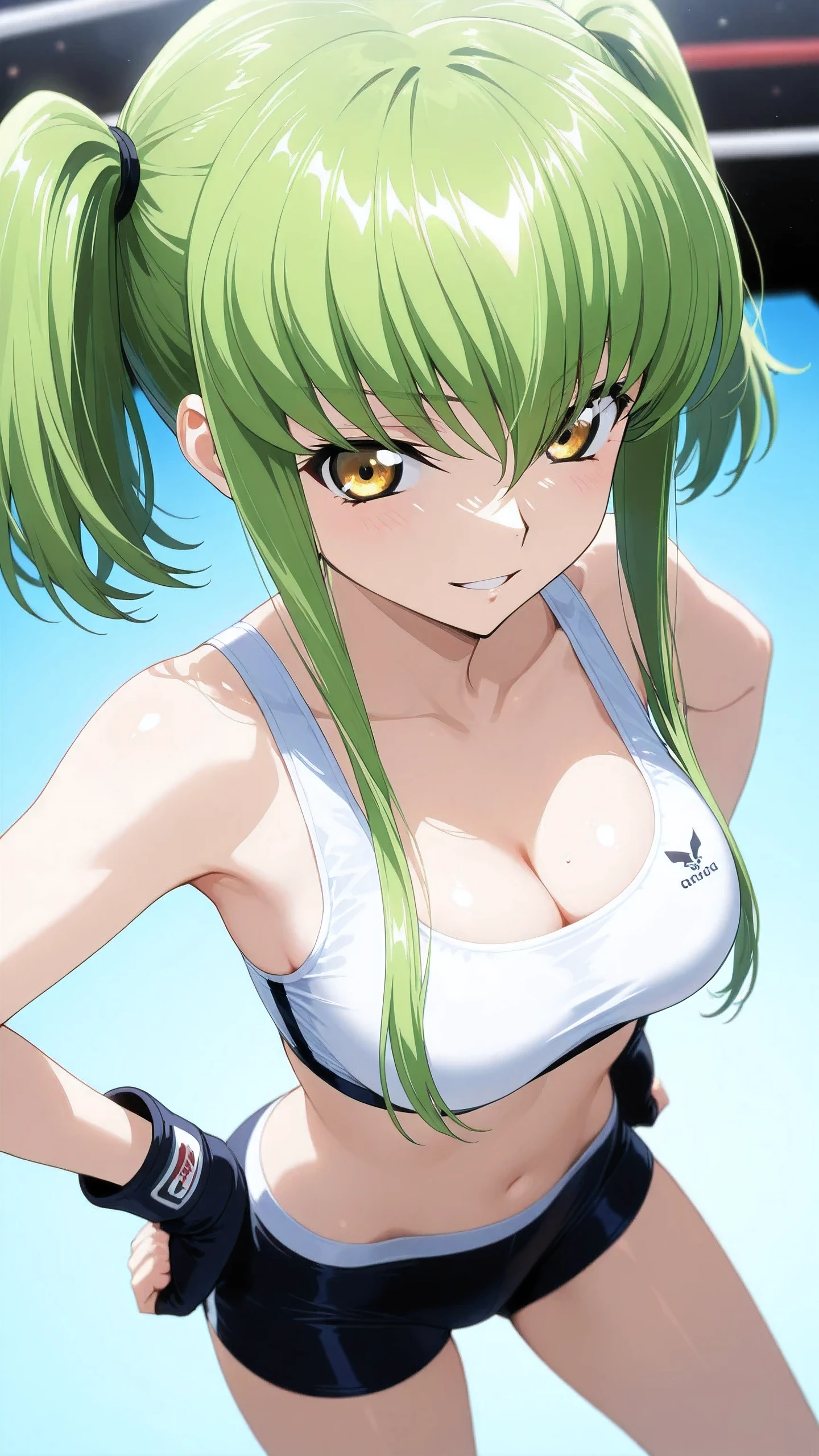 <lora:Nekomi Nabeshima:1> Nekomi Nabeshima, 1girl, solo, green hair, cleavage, breasts, midriff, one eye closed, short hair, sidelocks, short hair with long locks, stretching, armpits, navel, purple eyes, serafuku, large breasts, wristband, smile, arms up, crop top, medium breasts ((Extremely Detailed)), ((Best Quality)), ((Masterpiece)), ((4k))