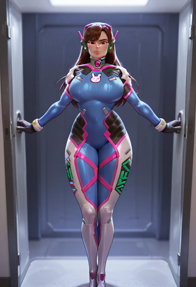 (Muscular:1.5), (thick thighs:1.5), thepit,
female, brown hair, blunt bangs, ponytail, (big smile:1.5),
eyeshadow, lipstick, (skintight white suit:2), (small breasts:2),
looking at viewer, full body view,
dark spaceship, rim lighting, detailed skin, detailed eyes