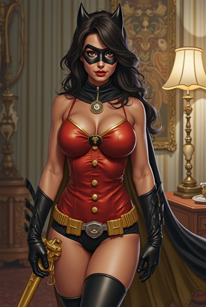a tan skinned super heroine standing with her hands on her hips. She wears a red bustier with black trim highly textured, red panties with black trim, black thigh high boots, (long black gloves), domino mask over her eyes, dog collar. 1woman , curvy, large breasts, thick muscular thighs, slim waist. ((black hair)), long hair, tanned skin, brown eyes. (detailed eyes, detailed face), smile, red lips. Square jaw, high cheekbones, strong jaw line. Show her in a heroic pose with hands on her hips. city background. intricate details, (highres:1.3), (4k,8k,best quality, masterpiece), full-body image, volumetric lighting, lens flare.