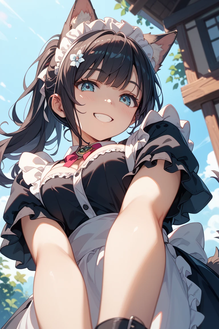 masterpiece, 8k wallpaper, best quality, 1girl, EishinFlash, <lora:EishinFlash>, smile, blush, looking at the viewer, grass, standing, short hair, medium breast,