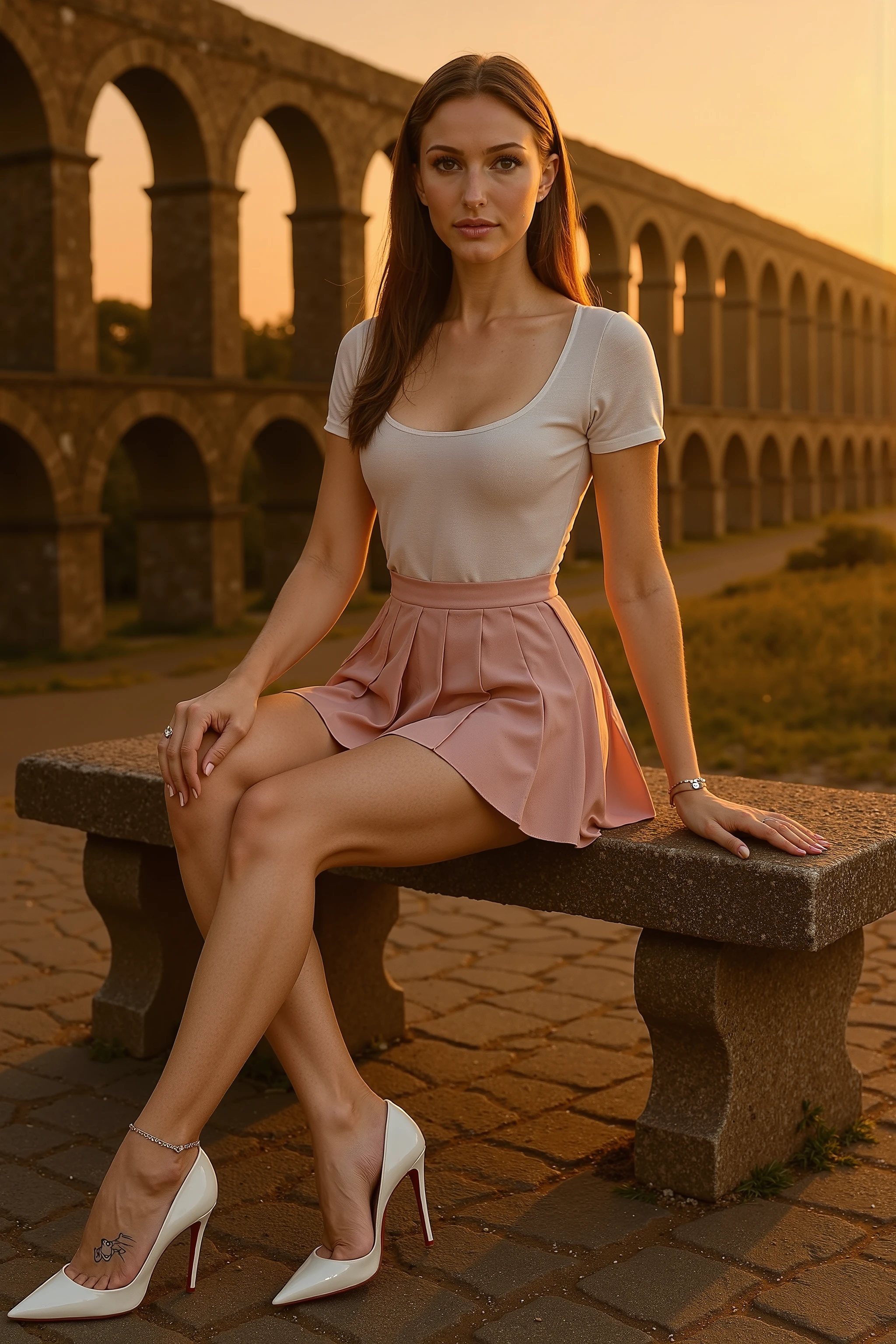 shot from the distance, Full body shot from head to toe of a stunning, elegant woman sitting gracefully on a stone bench in front of a historic aqueduct during golden hour. She has fair skin with a soft glow from the warm sunset light. Her long, sleek light brown hair falls naturally past her shoulders .Her facial features are delicate and symmetrical, with softly arched brows, large expressive brown eyes, defined cheekbones, a small straight nose, and full natural lips in a soft rose hue.

She wears a fitted white scoop-neck top with short sleeves, subtly enhancing her bust and neckline. Her bottom piece is a high-waisted, soft pink pleated mini skirt that drapes elegantly over her thighs, exuding youthful charm and editorial style. Her legs are toned and smooth, elegantly crossed.

On her feet, she wears iconic white Christian Louboutin So Kate stiletto heels, featuring pointed toes, a sharp silhouette, glossy leather finish, and the signature red soles. One of her feet is bare, resting gently against her other leg, revealing an elegant Eye of Horus tattoo on her sole and a thin diamond anklet on her left ankle. The pose is relaxed yet poised: one hand rests gently on the stone bench while the other lightly touches her knee. Her expression is serene and confident, looking directly at the viewer.

The setting features a massive aqueduct made of rustic stone arches receding into the distance under a glowing orange sky at sunset. The cobbled path and warm golden lighting evoke a timeless, romantic atmosphere. 9:16 aspect ratio, high-definition realism, soft cinematic lighting, editorial fashion tone, warm and nostalgic color palette.