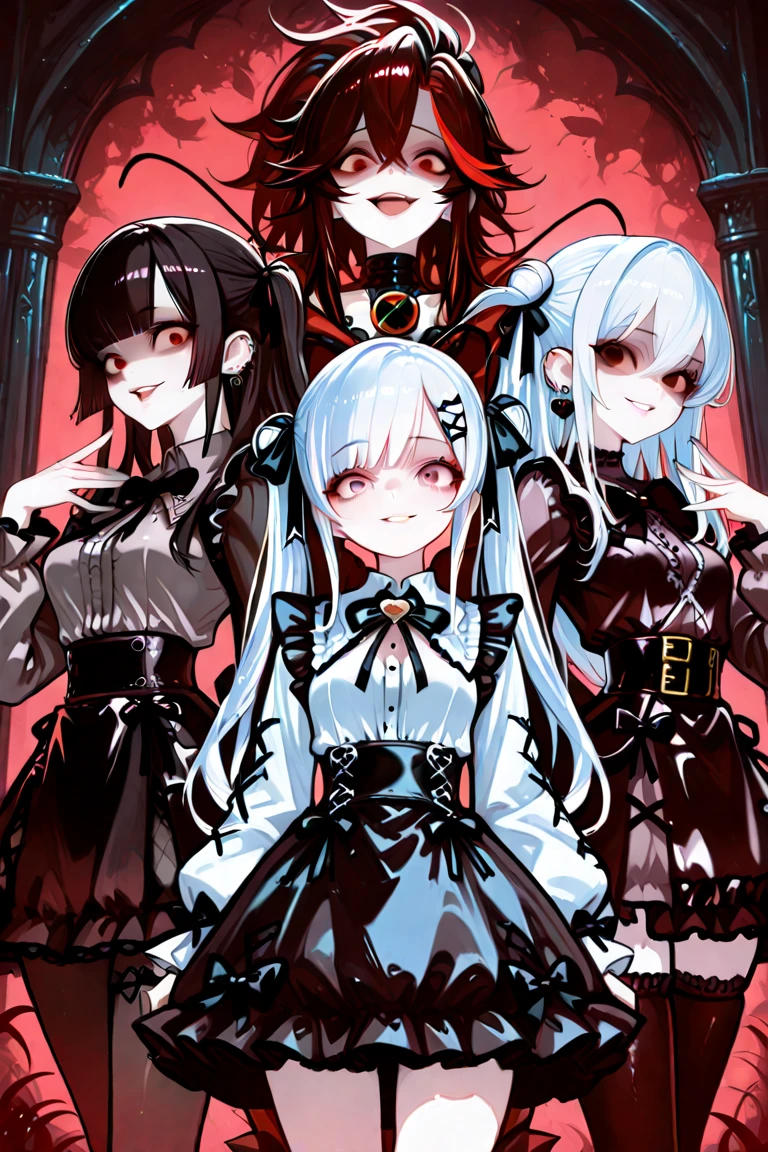 Details、ultra-detailliert、​masterpiece、top-quality、Beautiful fece、A detailed eye、 (3 women:1.4)、three spider women、(Lower body of a spider，Arachne)(Spider paws，spider webs，Lots of spider silk)(triplets:1.2)、(Night time)、、(bow ribbon:1.1)、(Two-side-up)neck tie、bra very、耳环、()、Shady face、(dark backgrounds)、malicious smile、Bruises and ugly facial features、Young features、(、long-sleeve、(fluffy sleeves fluffy hair、(Open your mouth and laugh)、、l、Chiquita、Colossal tits、Colossal tits、(Put your hand on your face)、、Ruffled uniforms、hair clips、(Ridicule:1.1)、looking-down、upward looking gaze、respected by women、(upward looking gaze:1.2)、超Colossal tits、(hearts symbol:1.5)、(Mass of heart:1.5)、(Heart Effect:1.5)、(heart mark:1.5)、、(超Colossal tits:1.3)、Colossal tits、(Tattoo of the heart:1.3)、Yodare、、Boob Matching　,Girl Sandwich　face sandwich（confused and blushing、teens girl、kawaii faces、kiss marks）　hug sandwich　face sandwich　harem chalk　Boob Press　harem press　He was captured with his face pressed against his chest while being held in his arms.　Angle from which you can see the whole body　Depiction from afar　Background inside a cave A human girl buries her face in her chest　両手でハグしてBoob Press