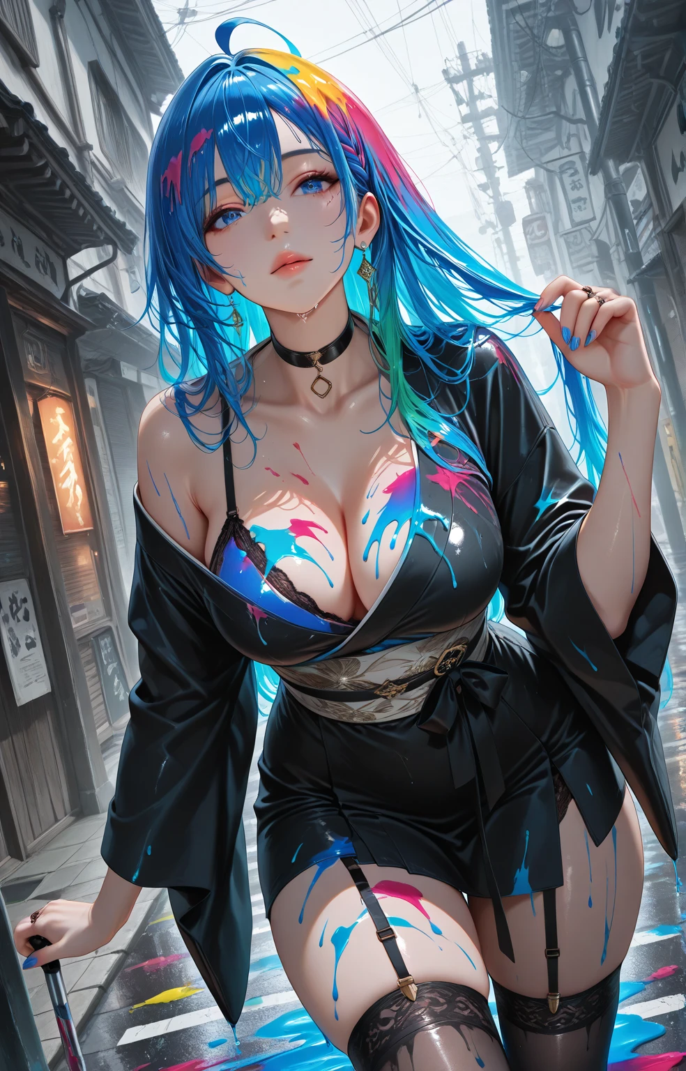 (T Masterpiece, need,1 huge breasts, alone, intricate details, look up at the viewpoint, color difference), real photos,(frontage), (Shoulder cut), chopped, Close-up, smile, Sexy Enhancement,Yaemiko, Violet blue hair, purple blue decoration, purple eyes, sharp gaze, Perfectly symmetrical figure, Neon Shirt, Reveal jacket, sweater, leaning back to wall, Brick Wall, graffiti, dim light, alley, looking at the viewer.((striped, Her breasts are very big and attractive)),(((cherry blossom background) )),((((Japanese Temple Background)))), (((Glows on a dark background)))