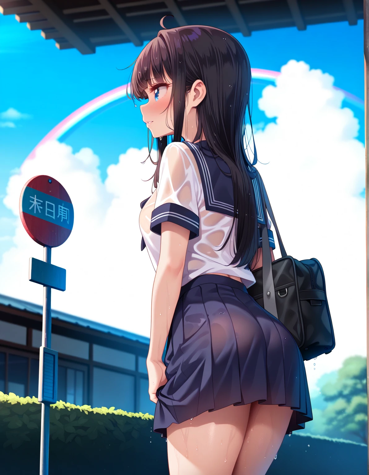 1 female、woman with very long black hair、Busty women、Spectacular views、Night Scene、Full moon night sky、swirling starry sky、8K、Best Quality、The woman's whole body is in the photo、The woman is wearing a miniskirt and her crotch is visible.、Wearing pantyhose、Standing motionless in golf wear, staring at the ball、Back view of a person squatting on green、I can see your ass、T-back panties are visible、Seen in the men's gallery