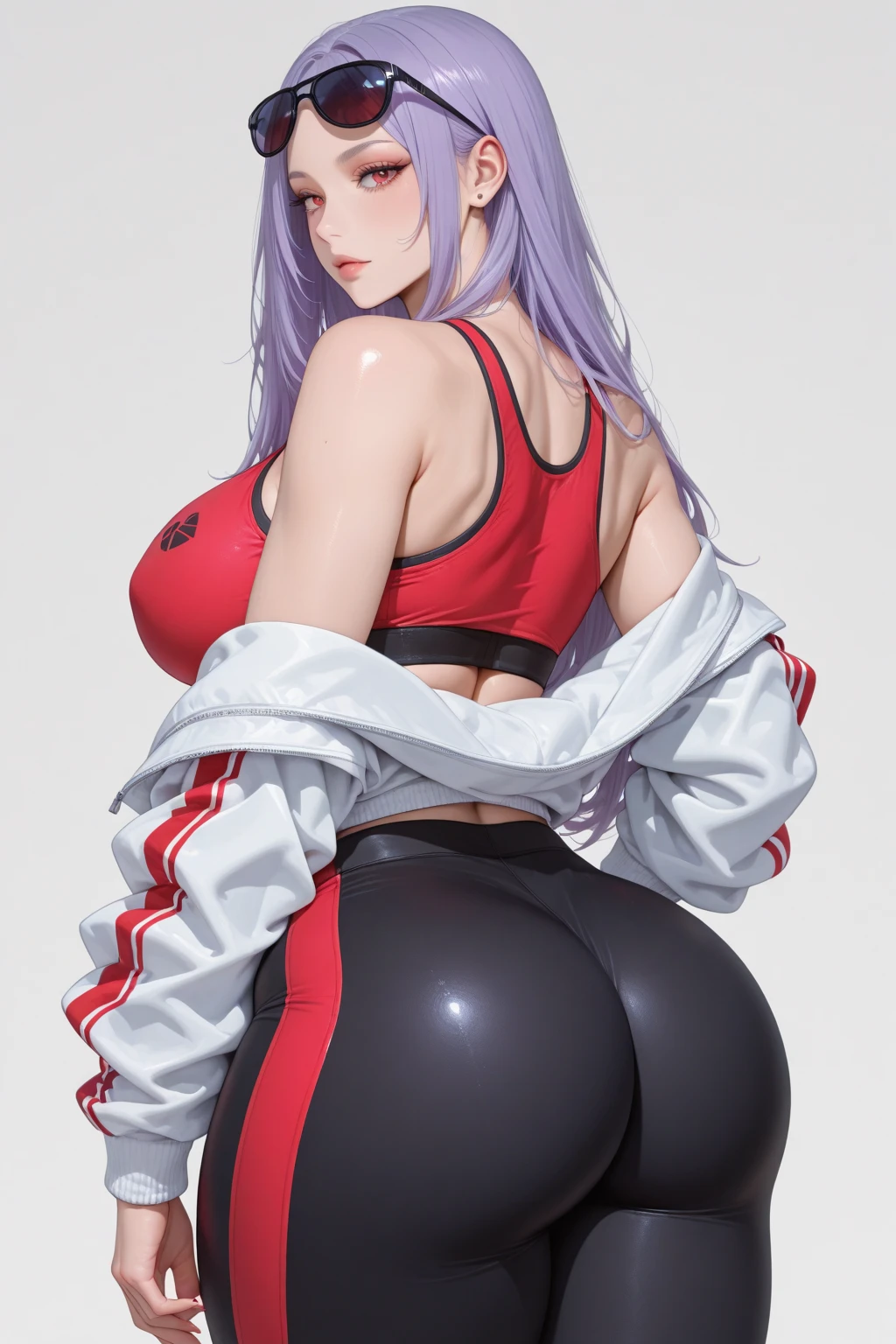 beautiful girl,photo taken up close,pink leggings,tight leggings,tight black top,big boobs,big ass,gym,embarrassed,anime style art,high detail,digital painting,red eyes,white hair,looking at screen,standing