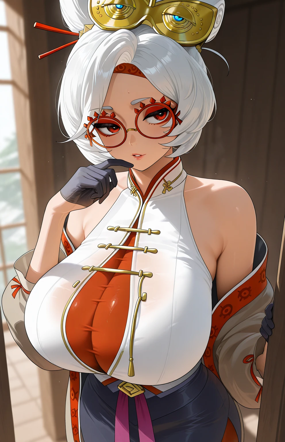 magazine cover, purah, white hair ,aura red glasses, hair ornament, red eyes, earrings ,lipstick, eye shadow , dark purple bikini, Mage (bikini warriors) ,black thigh-high boots, black elbow gloves,