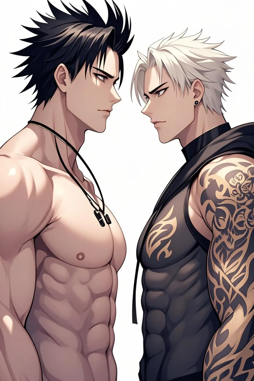 digital art,anime,in a training camp, young african man, ((short white wild hair)),shirtlass, tatoed arms, using shorts first bump greeting a long dark hair ((elf woman)) with a black and red complete cloath