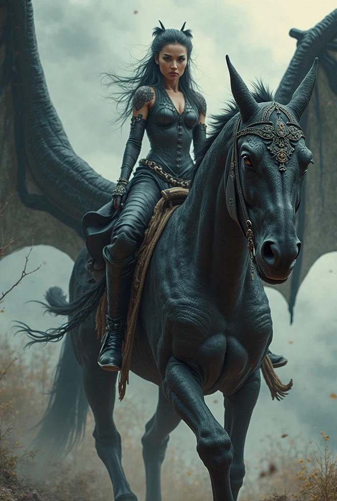 A terrifying image of a creature with a half-human, half-horse body and demonic wings. 