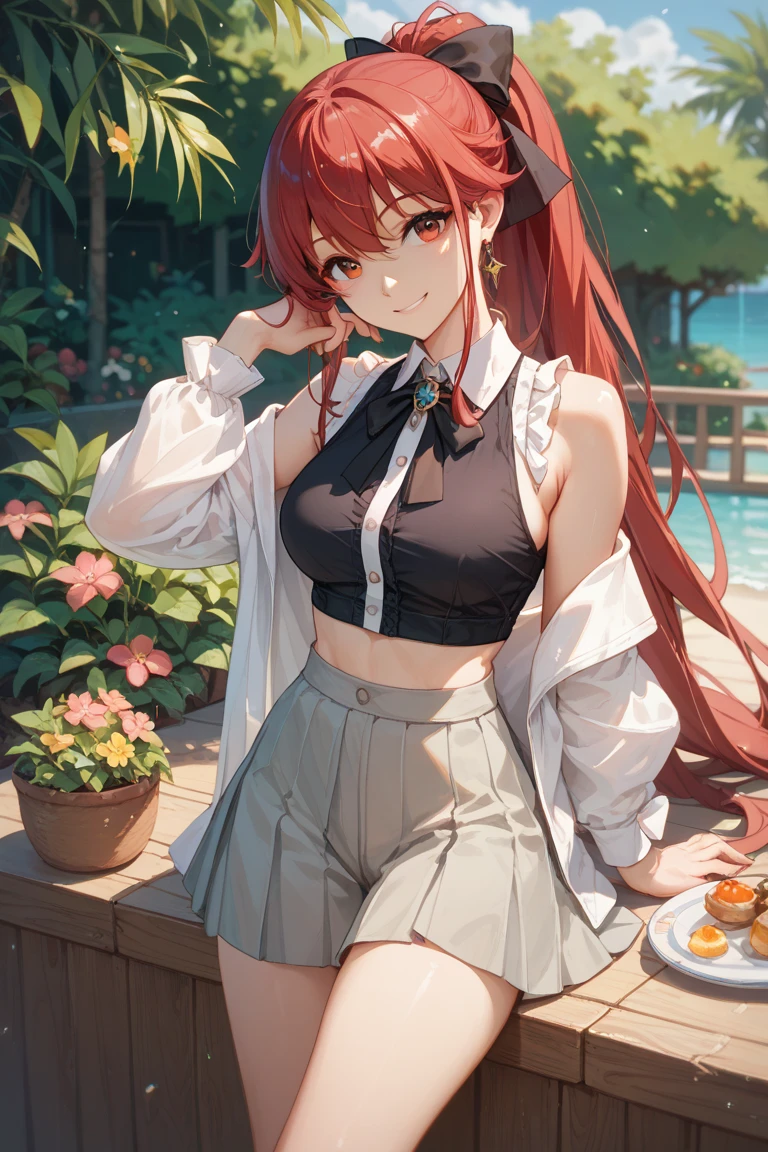 An anime girl with red hair and blue eyes wearing a skirt and an open shirt revealing a black and red bra