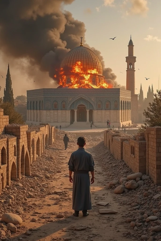 city of Jerusalem and destroying everything, scenery of biblical times, fire and ruins, image in high resolution, ultra HD, maximum quality, mega detailed, 8k --auto