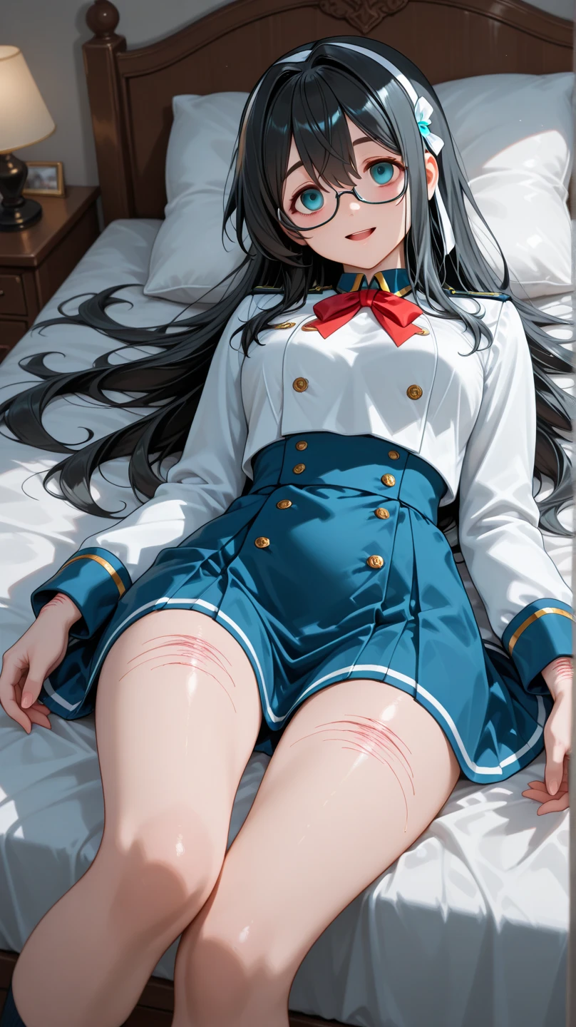 A woman who is pushed down on the bed and looks embarrassed, she is lying on her back, her uniform is about to come off, her breasts are visible, a girl has sex with her skirt turned up, her panties are visible, missionary position, erotic Face, porn, gonzo, screaming with mouth wide open, blushing, 18+, pleasant looking face,
