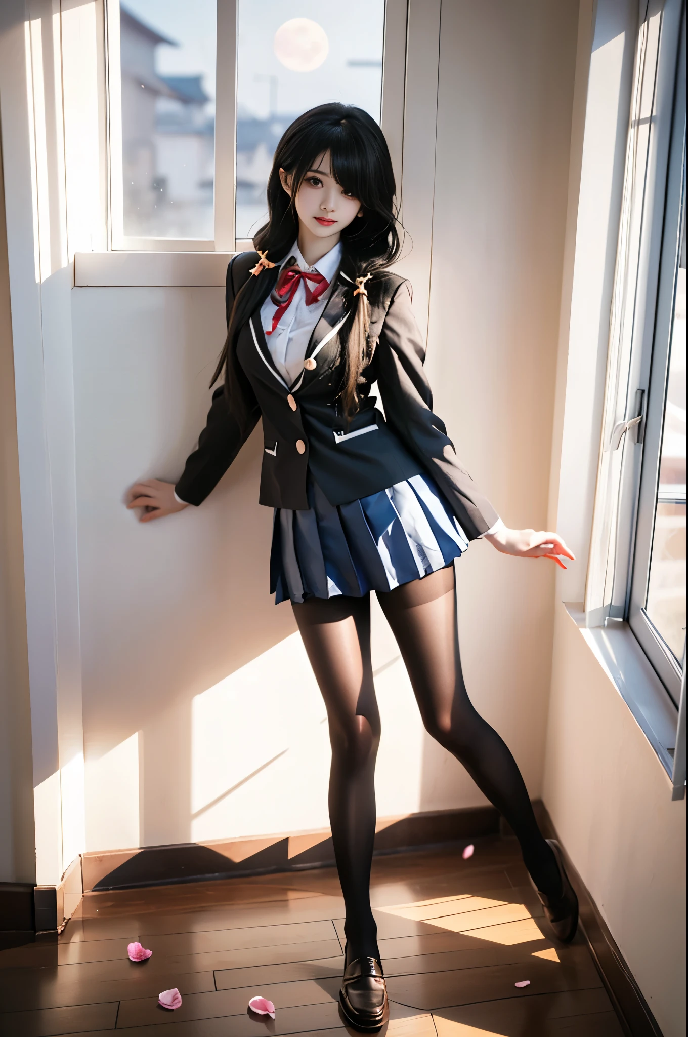 tokisaki kurumi
sobu high school uniform
cosplay,
school uniform, blazer, collared shirt, neck ribbon, pleated skirt, pantyhose, hair rings, loafers,
hair over one eye, low twintails, ,, ((full body:1.4)), ((masterpiece, best quality, ultra highres, realistic:1.4)), (Random shooting Angle), yushuxin,1girl,solo, (I-type Valley), (At night, moonlight:1.3), beautiful detailed face, (photorealistic:1.37), (sexy long legs:1.2), slender figure, ((In the attic, by the window, sitting on the windowsill)), (Full breasts, large breasts, visible cleavage, and very short skirts), one leg extended, the other leg naturally bent at the knee, accurate and beautiful leg shape, exquisite face, one hand gently lifting the skirt, long hair blowing in the wind, soft shadows, depth of field, (detailed background:1.1), (ambient occlusion:0.3), (Many scattered petals, petals dancing in the air)