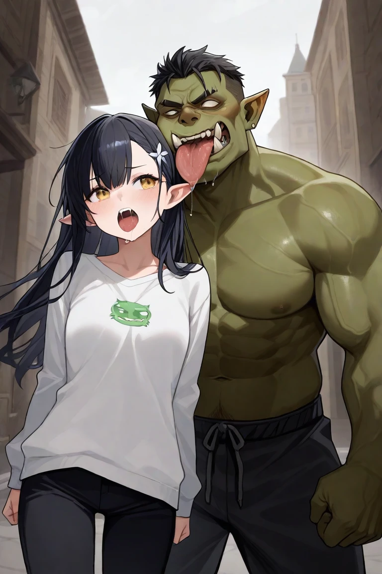 masterpiece, goblinriding, a goblin is riding a girl, goblin, (all fours), 1girl, (greek clothes:1.1), (nose hook), reins, collar, chain, rope, hair ornaments, long hair, black hair, twin tails, hair ribbon, black eyes, pale skin, Ouroboros, Girls' Frontline, small breast, happy trance, blank eyes, empty eyes, obey, mind control, proud face, smile