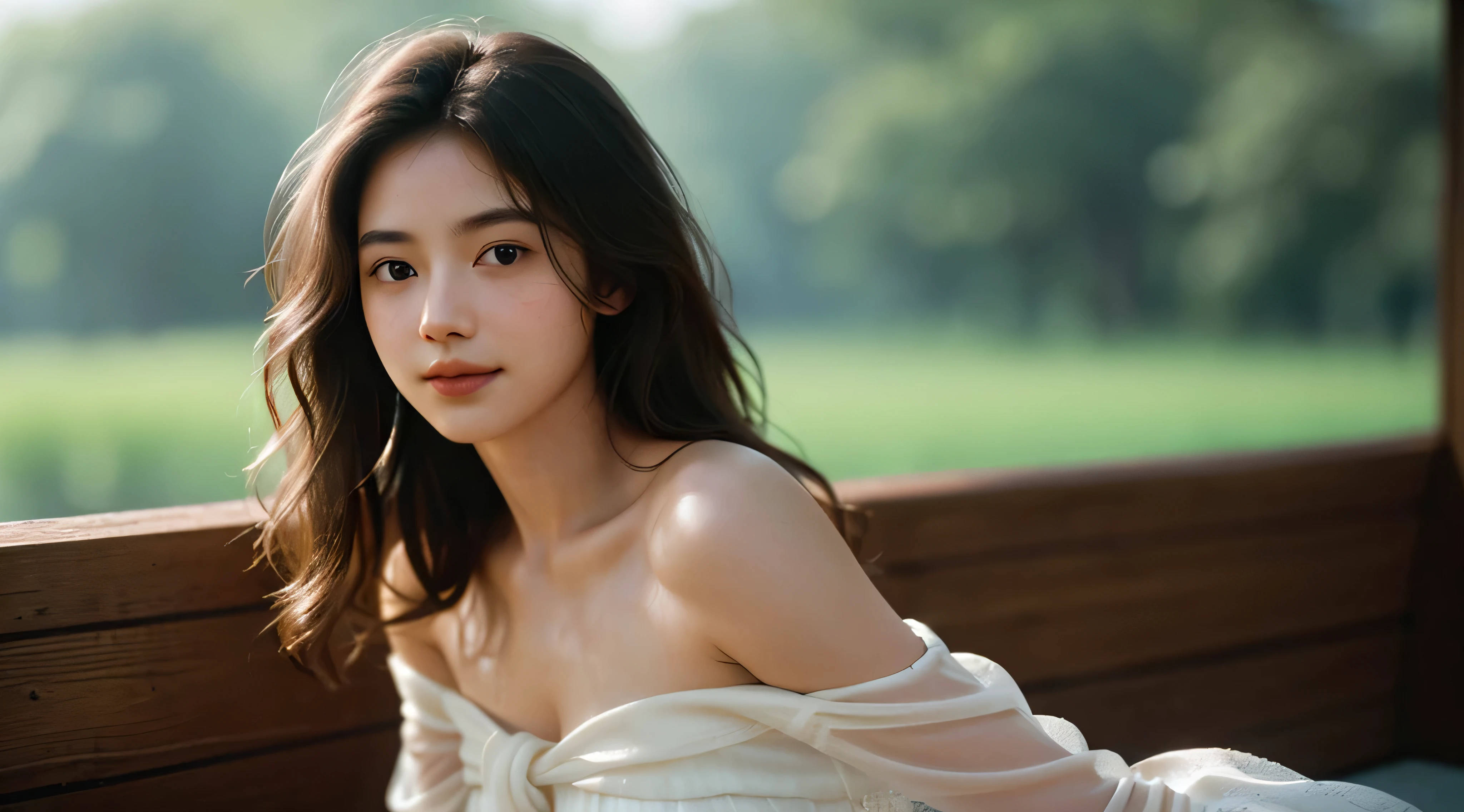 (on the table, best quality, Realistically, Ultra Detailed, meticulous, high resolution, 8k wallpaper), Close-up portrait of a beautiful woman, like, Smile, Light brown messy hair, Perfect dynamic composition, beautiful meticulous eyes, Just like the cover of a fashion magazine, On Campus