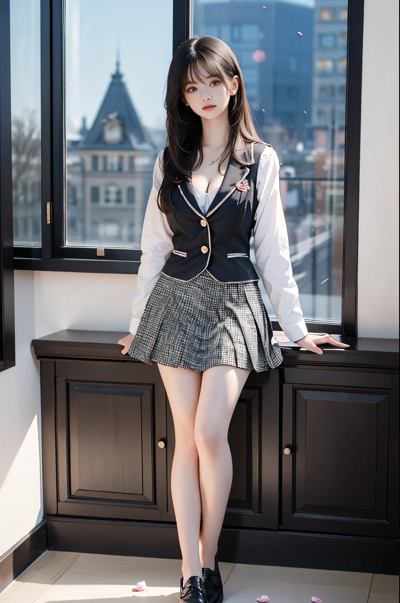 1girl，short skirt，Two piece fashionable outfit, (knee shot),pretty girl, Young female model, Sweet Girl, inside the room, sit on the chair, Lounge Chair, Cross your legs, masterpiece, Best quality, extremely detailed description, Ultra-fine painting, delicate face, slim body,Grin, A big smile, Correct limbs, Solve the problem correctly
