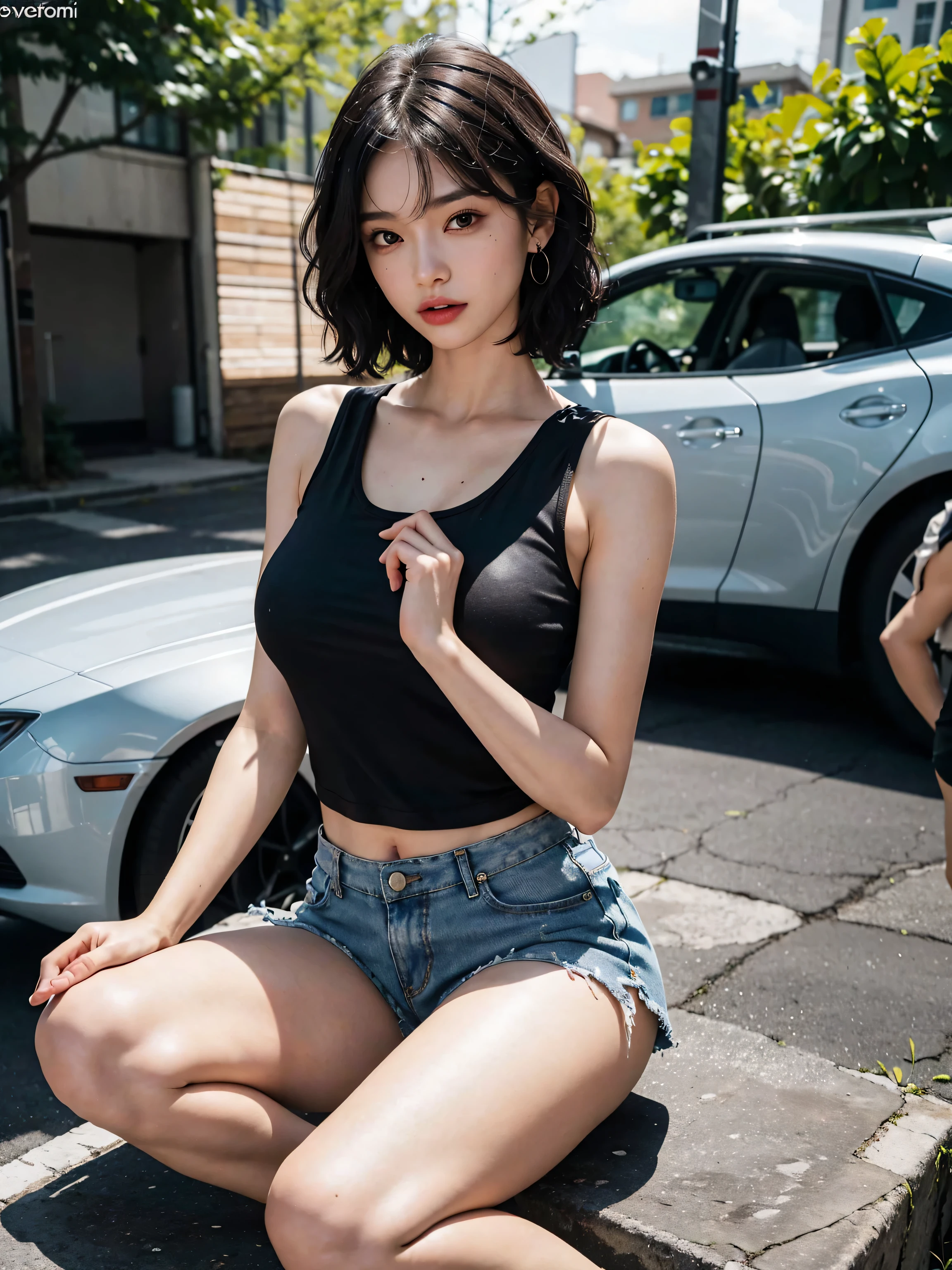 taxi interior,taxi driver,((full body)),((photo)),((best qualtiy, 8K, tmasterpiece:1.3)), Focus:1.2, perfect figure beautiful girl:1.4,1girl,cowboy shot,look at viewer,incredibly absurd, beautiful and cute girl with a photorealistic face, showcasing top-quality craftsmanship, Chinese American female working as a taxi driver, 24 years old, short bob hairstyle, long bangs, straight hair swept to the side, thick hair, black hair that sparkles in the sunlight, large eyes, double eyelids, jet black eyes, long eyelashes, small nose, elegant mouth, white teeth, cute smile, gentle eyes, fair skin, smooth skin, clean features, strong gaze, , delicate, slender, small B cup breasts, yellow tank top, white shorts, black sandals, silver watch, stud earrings, beautiful girl, soothing, cute voice, cheerful, curious, loves to talk, friendly, sociable, considerate, cares for those around her, July