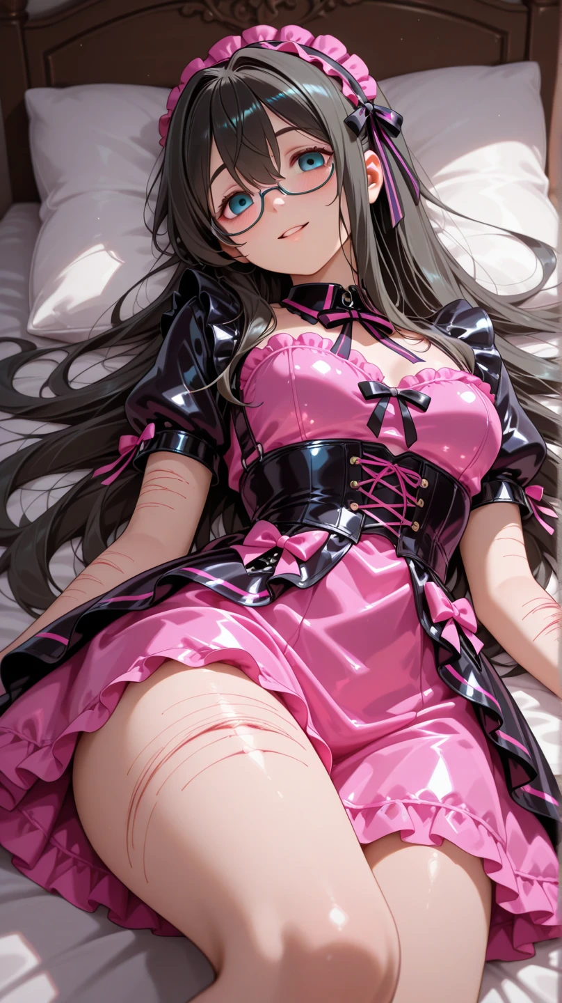 A woman is wearing a maid costume and kneeling on the floor., alone, panties, underwear, skirt, (shiny dark pink satin panties:1.3)、panties that cover the butt、garter belt, Liar, Thighhighs, skirt lift, think back, realistic