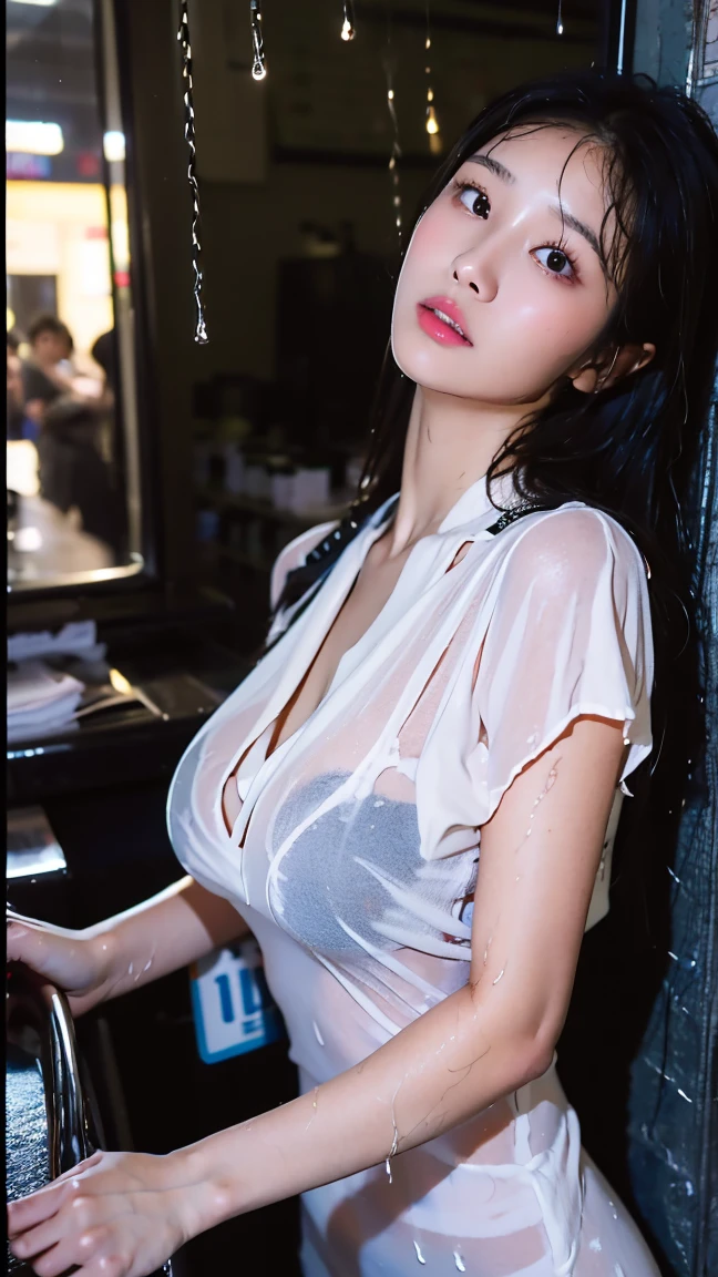 (RAW shooting, Photoreal:1.5, 8K, highest quality, masterpiece, ultra high resolution), perfect dynamic composition:1.2, Night street corner of a modern city, expression of sadness:0.3, (((Typhoon heavy rain))), Highly detailed skin and facial textures:1.2, Slim office lady wet in the rain:1.3, Japanese girl, 22 years old, Fair skin, white skin, sexy beauty:1.1, perfect style:1.2, beautiful and aesthetic:1.1, very beautiful face, water droplets on the skin, (rain drips all over my body:1.2, wet body:1.2, wet hair:1.3), (wet office skirt:1.2, wet office lady uniform:1.3), belt, (Medium chest, Bra see-through, Chest gap), (cry, lovelorn, The expression on your face when you feel intense caress, Facial expression when feeling pleasure), (beautiful black eyes, Eyes that feel beautiful eros:0.8), (Too erotic:0.9, Bewitching:0.9), cowboy shot, necklace, earrings, bracelet, clock