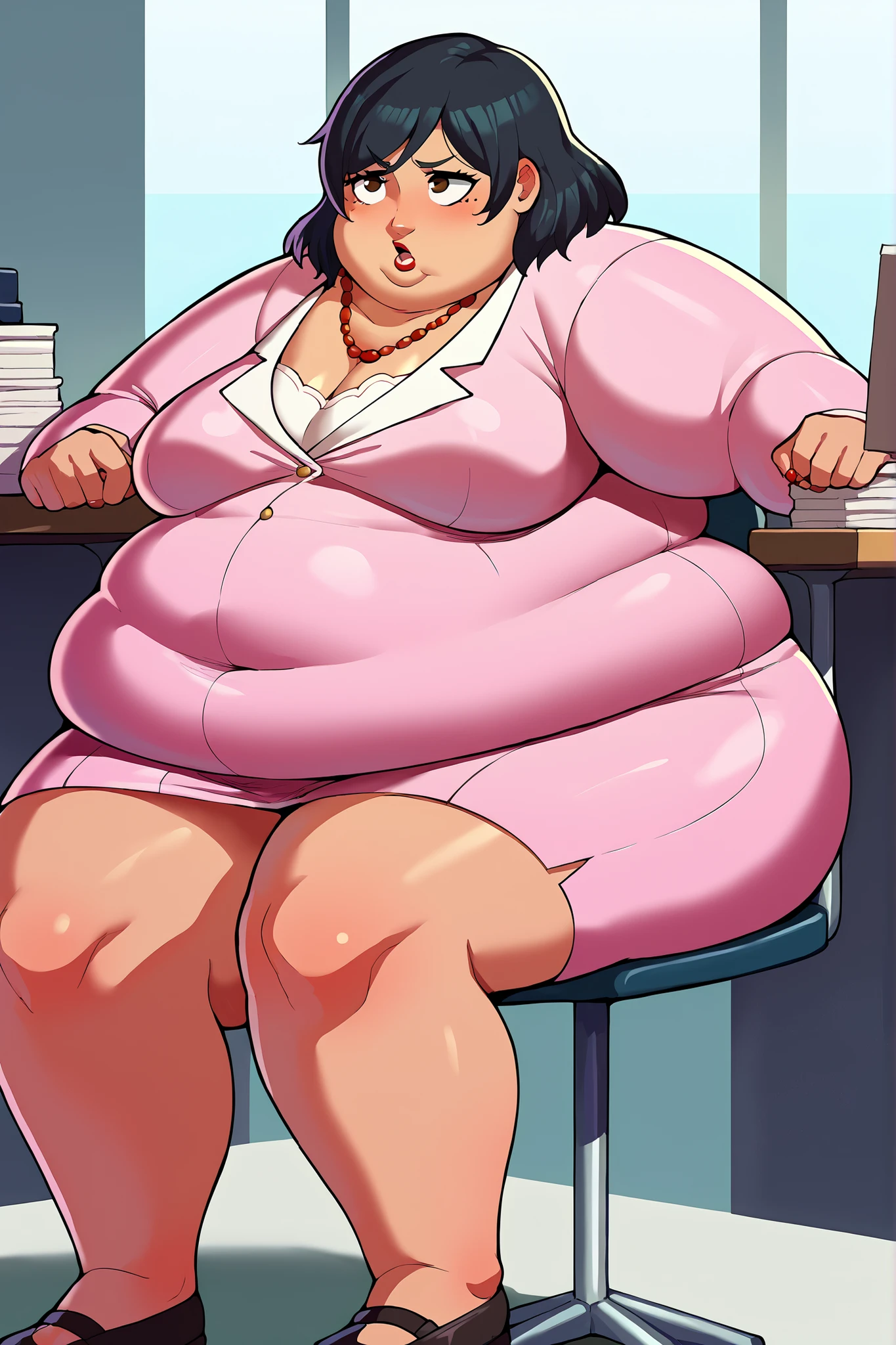 1000 pound very obese woman with short curly hair, belly hanging out, sitting on comfy chair, wearing a purple pea and a blue pencil skirt that barely covers her thighs, clothes stretched