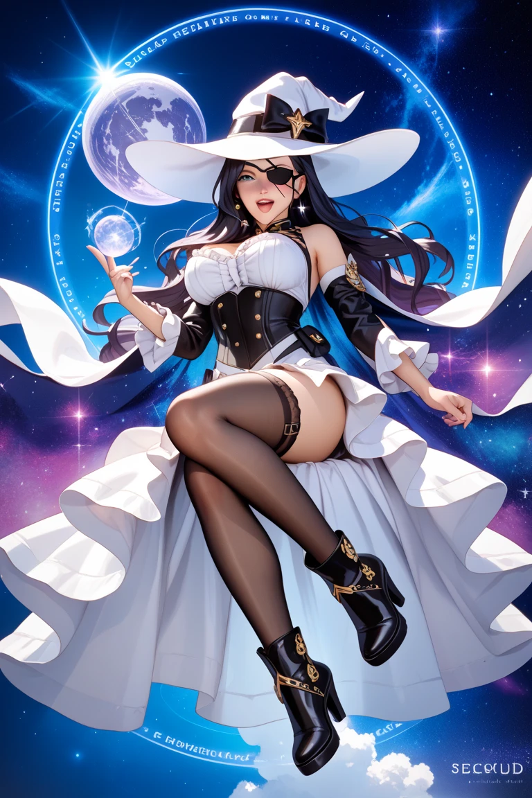 01_(Cheerful witch on a broom),(young girl, dressed as a witch - Halloween),(very cheerful, open mouth, white teeth, smile), (big beautiful eyes), (long curly hair),(dressed in black satin- silk dress, long dark cape - mantle, with red lining). Witch's hat - wide brim, large metal plaque.
Young witch, riding a broom, a little cleavage. Background dark blue night sky - stars. (Full moon). (Warm light from the moon). (Cold shadows). (Starry night). At the bottom are the roofs of the houses of the old city, chimneys, spiers, chapels. An ancient Victorian town.
02_ Around her neck she wears necklaces with amulets, beads, and esoteric precious trinkets made of precious metals. On the hands, wrists, bracelets, hoops, fingers are decorated with rings.
A white girl riding a broom flies over the ancient city, in the full moon, illuminated by the stars. (Fantastic picture, mystery. Magic, fantasy). Very realistic drawing, digital graphics, high quality workmanship, 2D illustration, poster, wallpaper - high resolution, high-quality details, soft background. Very clear image of the face, hands (five fingers), details of clothing, accessories.
Stylistics, animated film, three-dimensional graphics, stylization of digital 2D painting. Riot Games, Blizzard.
03_High image quality, 8K | Ultra HD | Full HD, cinematic rendering, 3D visualization. (soft, photorealistic, realistic, sharp focus, 8K). Highly detailed textures, silk, satin, bronze, gold, black metal. White skin texture - high quality, (shades: warm ocher, red, black, elements, metallic luster), Magic amulets, cabalistic symbolism throughout the body. Night lighting, rich, bright image in dark blue tones - 2D digital painting, drawing.