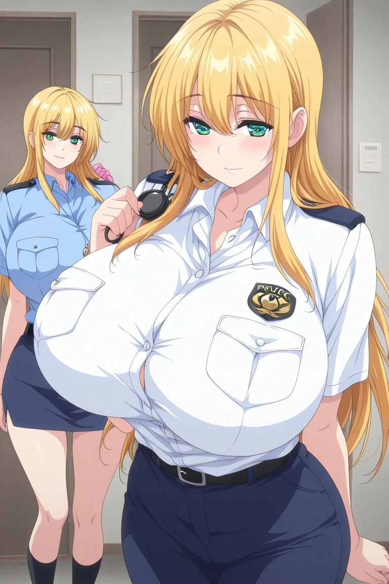 masterpiece:1.2, High resolution, Anime Style, nsfw, prison, Jail, Face Enhancement, Three adult women, The three women do not have the same hair color., excited, Prostration, ((huge breasts:1.4)), Curvy Body, Armpit, Hami Breasts, Nipples, Pussy, latex police costume, sleeveless, Police hat, mini skirt, Long gloves, Knee-high boots,