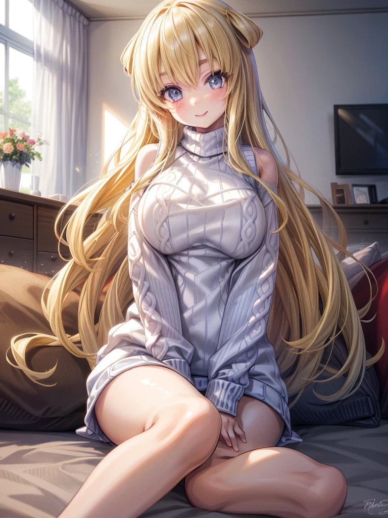 Blonde、blue eyes、girl、Small breasts、Twin tails、girl、Small breasts、Lolita、Bright smile、Looks about 15 years old、Petan Musume、short、目のhighlight、Sexy thighs、(length, High neck, Sleeveless sweater:1.3)、Show your armpits、Your eyes are so beautiful、highlight