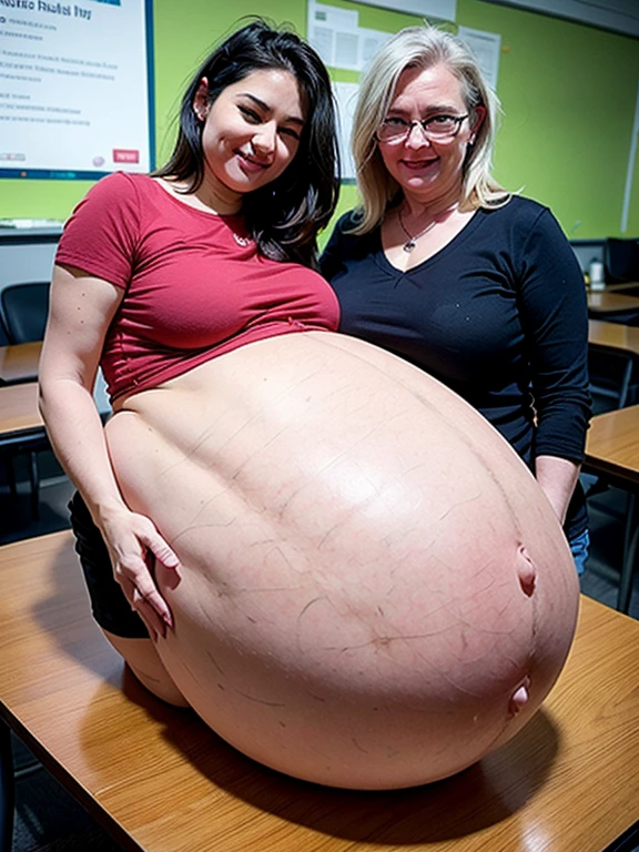 Blonde 19 yo dutch teacher in front of class, blueberry inflation, blue skin, scared, big breasts, clothes stretching