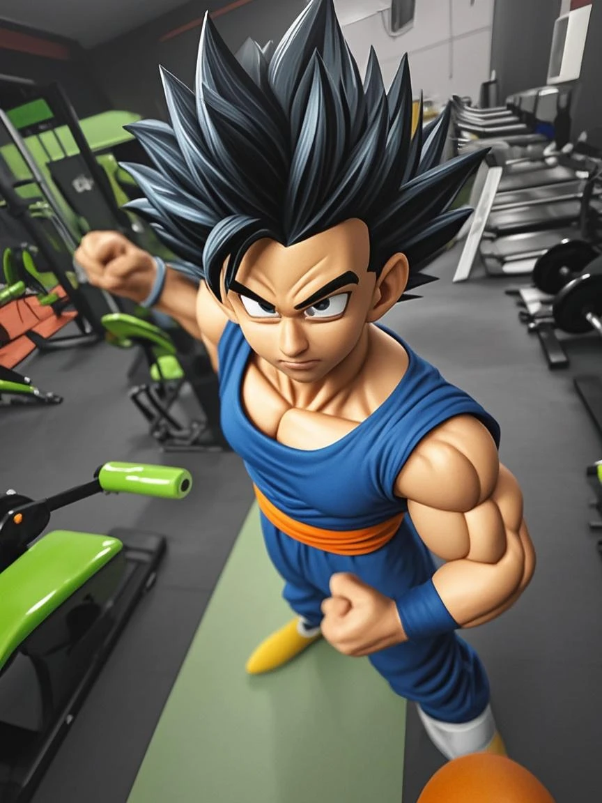 (high detailed skin:1.2), serious, looking at viewer, black spiked hair, black eyes, slim fit blue shirt, white gloves, RAW photo, vegeta, 1boy, working out in the background of a gym with dumbbells, small details, photorealistic, ultra-realistic photo, 8k uhd, dslr, soft lighting, high quality, film grain, ((masterpiece)), 8k, HDR, highly detailed, professional