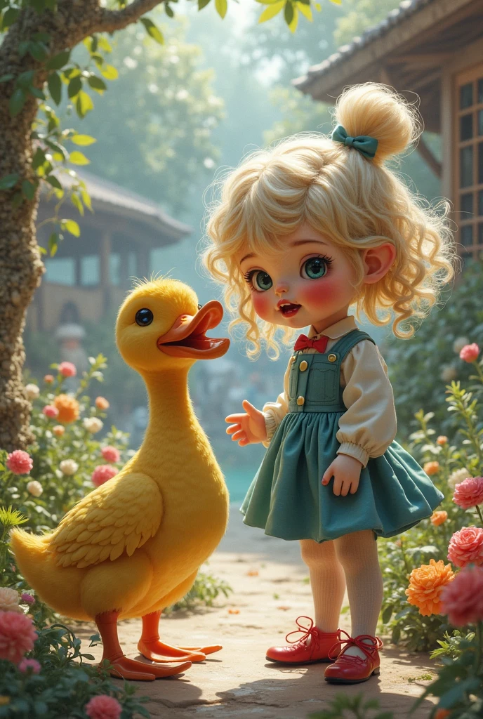Create a scene where an adorable baby girl with long hair with two braids, one on each side, is wearing a red and white plaid shirt, denim overalls, a straw hat decorated with flowers, and next to the baby a real duck walking next to the baby, parading on the catwalk, ultra realistic 4k motion camera