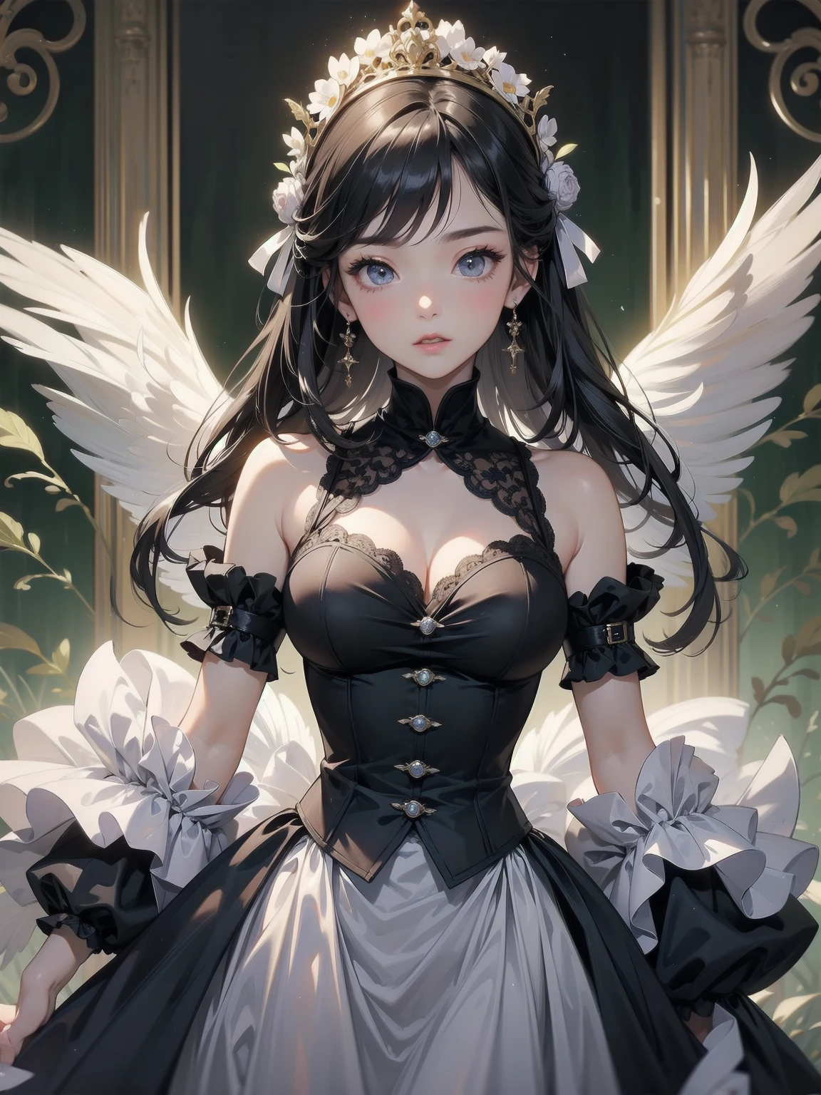 flower  field, In the daytime, maid, hair over shoulders, Black hair, Medium breasts, Stockings and pantyhose, Black pantyhose, White stockings, Issuing, maid_headdress, ssmile, Blue eyes, are standing,