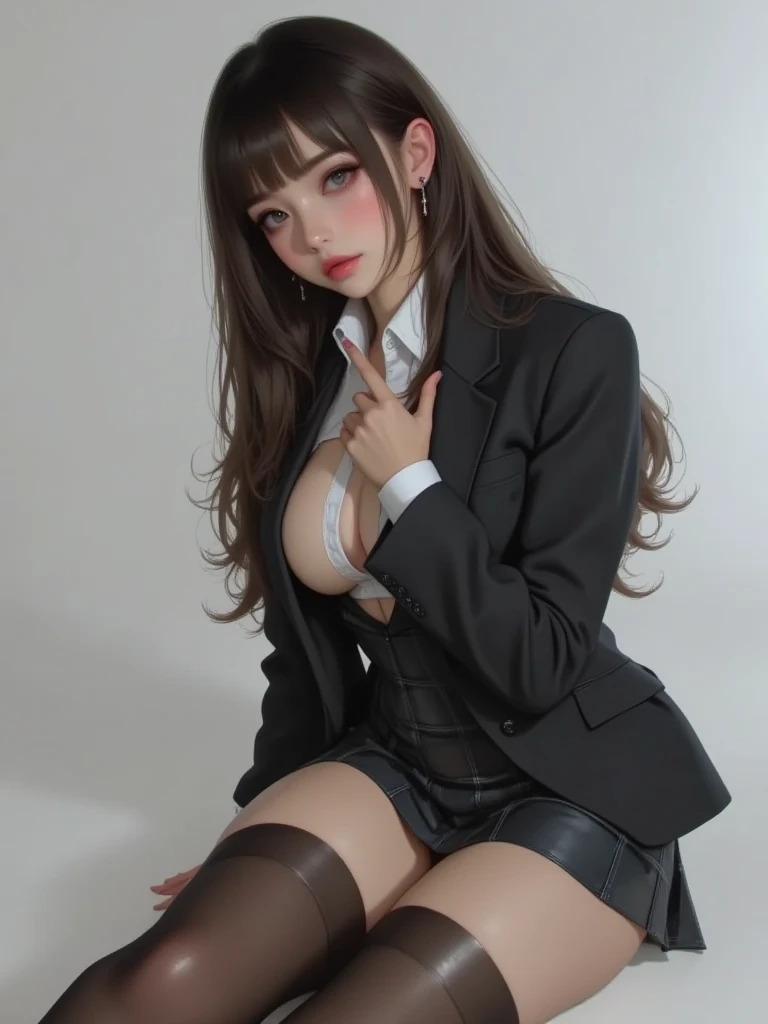 hair bang, cat ears headband, ideal tits, topless, blazer as its outerwear, stomach, weiss, low skirt in balcony, skyscraper, night