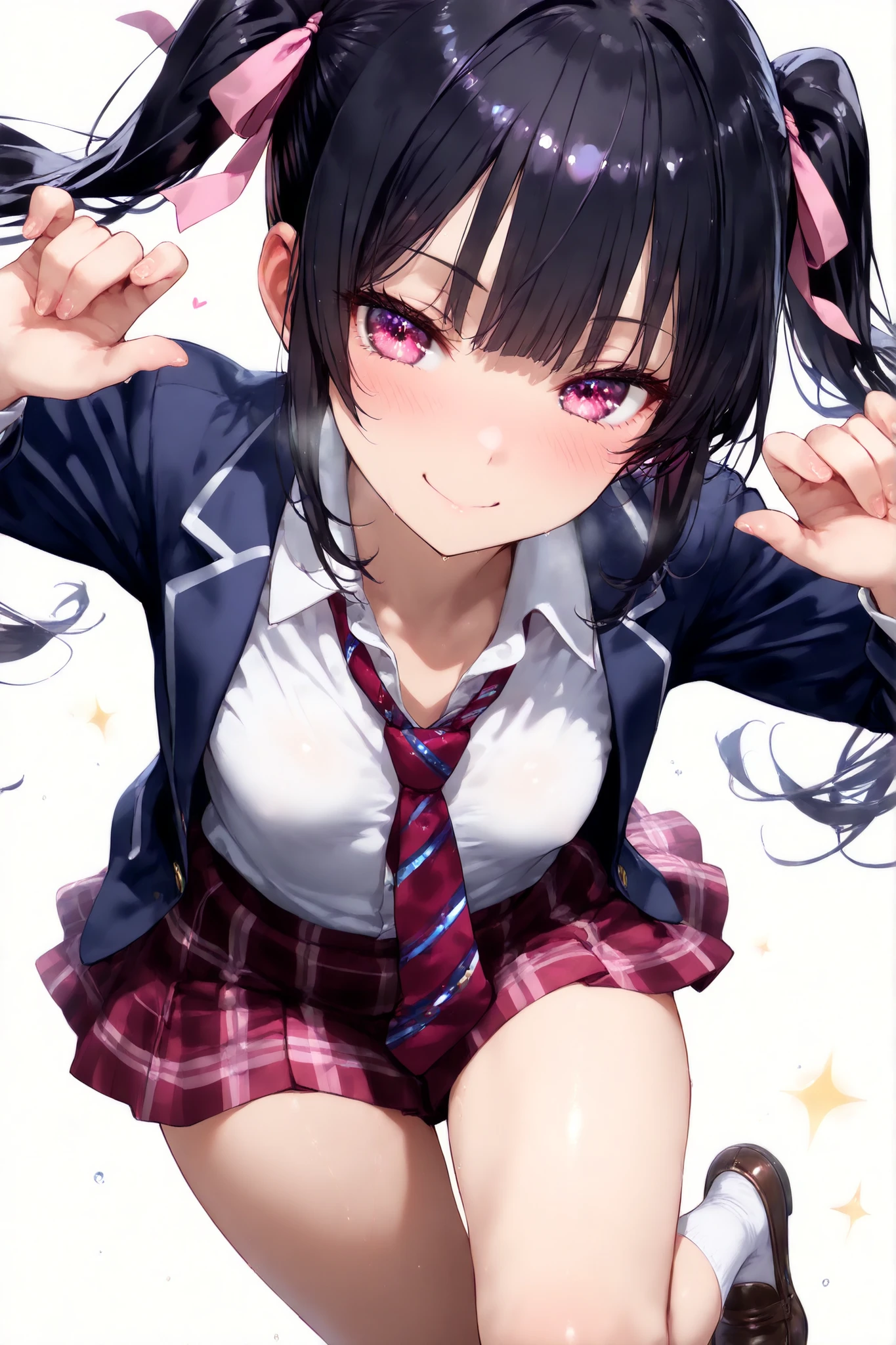 one girl, black hair, twin tail, high school student, school blazer, naive, slender, anime girl, girl focus, cute, long twin tail, necktie, foggy, aphrodisiac, estrus, open mouth, drool