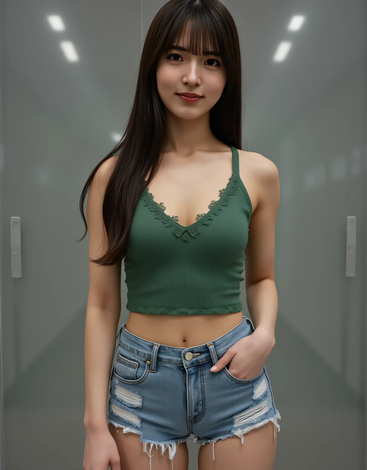 ((One girl)), female, masterpiece, best quality, highest quality, cinematic lighting, (volumetric lighting), highly detailed CG Unity 8k wallpaper, focus, 8k wallpaper, highly detailed, ultra-realistic, photorealistic, sharp focus, absurd, (HDR:1.2), (high contrast), photography, detailed and complex, Instagram, portrait, highly detailed, digital painting, art station, concept art, smooth, sharp focus, illustration, cinematic lighting, (large breasts:1.3), (((slim, slim legs))), (Japanese idol posture), (Ivy green tank top, distressed micro shorts, ), looking at the viewer, ((hand in my pocket:1.5)), ((standing)), ((full body shot:1.9)), (bangs, dark brown shoulder-length semi-long)