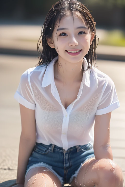 (8K、top-quality、masterpiece:1.2)、(realisitic、Photorealsitic:1.37)、ultra-detailliert、Soft light、One girl、cute little、Soio、Beautiful detailed sky、Detailed classroom、Open Windows、sitting on、date、red blush、(A smile:1.15)、(Kawaii Smile)、small tits、finely eye、fine nose、Sateen、(poneyTail:1.5)、Floating Hair NovaFrogStyle、((Relaxing Pose))、silber hair、Unkempt hair、Narrowed eyes、tthin eyebrows、Mature Face、Full Shot Body、((shirt with collar、Ren Hao、Shirt、shortpants))、Dark Studio、Edge lighting、((outside rain、wetted skin、wet window、Wet shirt、wetting hair、wet window))、blue lights、long legged、