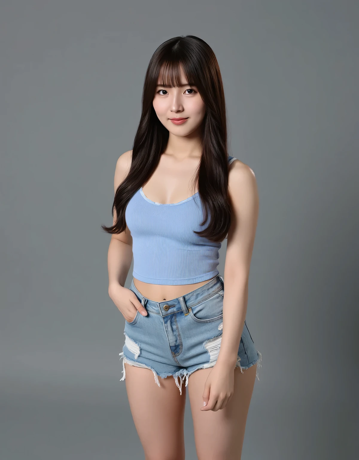 ((One girl)), female, masterpiece, best quality, highest quality, cinematic lighting, (volumetric lighting), highly detailed CG Unity 8k wallpaper, focus, 8k wallpaper, highly detailed, ultra-realistic, photorealistic, sharp focus, absurd, (HDR:1.2), (high contrast), photography, detailed and complex, Instagram, portrait, highly detailed, digital painting, art station, concept art, smooth, sharp focus, illustration, cinematic lighting, (large breasts:1.3), (((slim, slim legs))), (posture of Japanese idol), (short light blue tank top, distressed micro shorts, ), stomach visible, looking at viewer, ((hand in my pocket:1.5)), ((standing)), ((full body shot:1.9)), (bangs, dark brown colored, shoulder-length, semi-long)