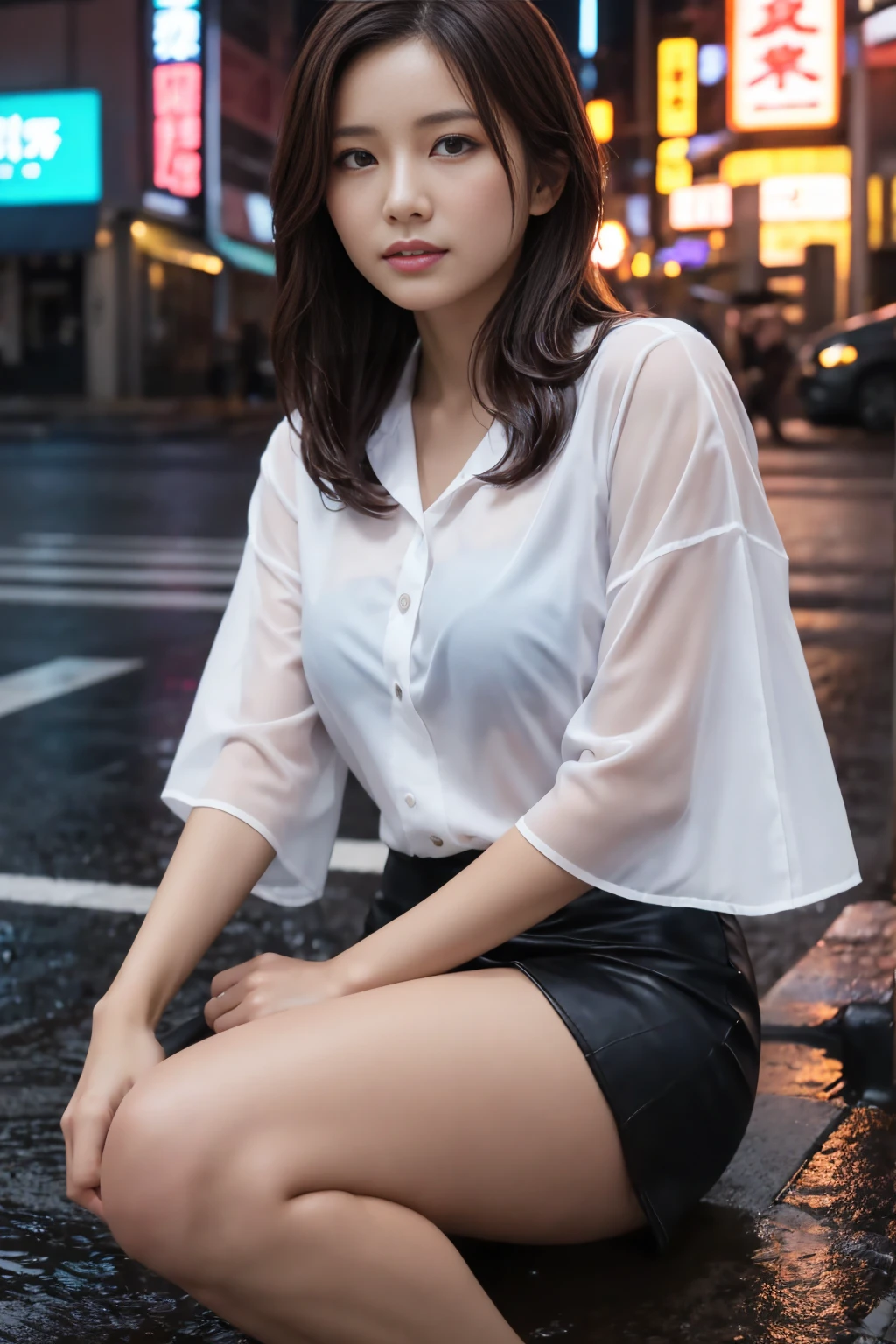 (8k, Best Quality, Masterpiece: 1.2), (Realistic, Photorealistic: 1.37), Super Detailed, 1 Girl, Cute, Alone, Beautiful Detailed Sky, Detailed Cafe, Night, Sitting, Date, ( Nose blush), (smile: 1.15), (close mouth) small breasts, beautiful details, (collared shirt: 1.1), night, wet, business wear, rain, white lace, (short hair: 1.2), floating Hair NovaFrogStyle,