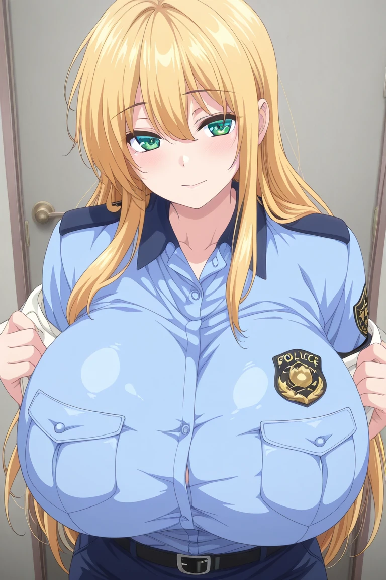 (masterpiece, best quality:1.2), police woman in skirt police uniforms, covered chest completely, blonde, giga_busty