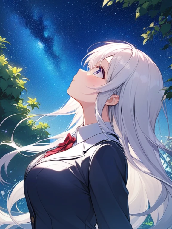 night_Star_\(Sky\)_1 Girl_Solitary_separate_Lips_Starry_Sky_night_Sky_lexistg_sleeve_from_side_hand_exist_my own_Chest_Watching_up_Yuka_\(blue_file\) Solitary_Mechanical_Halo_tie_shirt_hand套_Jacket_lexistg_hair_two_side_up_Black_skirt_White_shirt_belt_White_belt_Bangs_Black_hand套_purple_hairbest_Latest quality