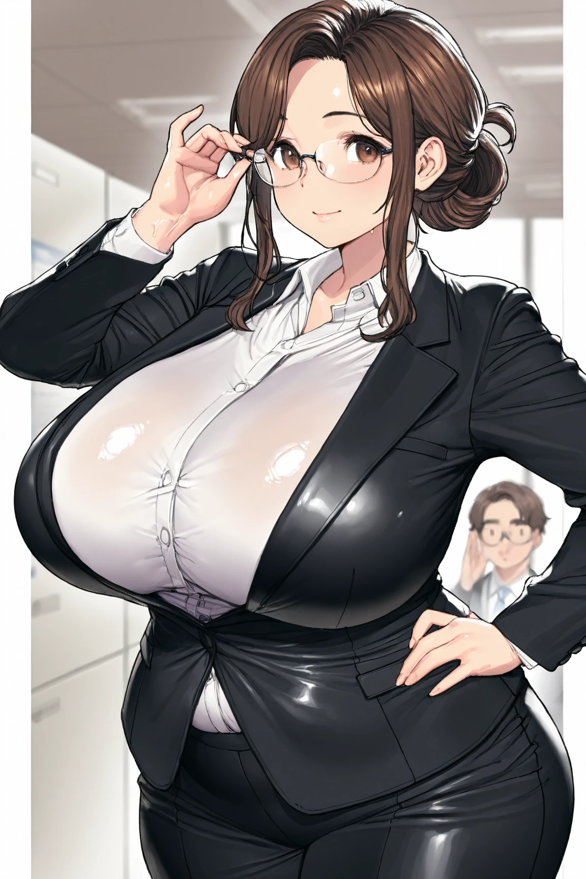 (Cl○se、16k、highest quality、high detail、Rich skin details)、(((nfsw)))、Office Lady、adult w○men、Watch anywhere、○bedience、((huge breasts))、((○besity))、red eyes、:d、((((surprised))))、((blushed))、((embarrassing))、Wet、((big ass))、white shirt、black pencil skirt、very big thighs、arm behind head、short hair、light blue panties、fuck from behind、Rear view、back、(((Skirt can be rolled up)))、(((Panchira)))、office room at night、huge breasts、glasses、black hair、Are standing、(1 w○man)