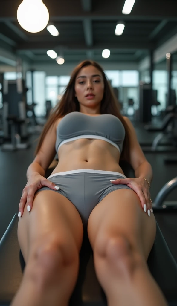 A very beautiful and sexy curvy lara croft in a bikini gym clothes. Sitting open legs. realistic. front vision. All body vision. Sitting Open legs. Open pussy.
