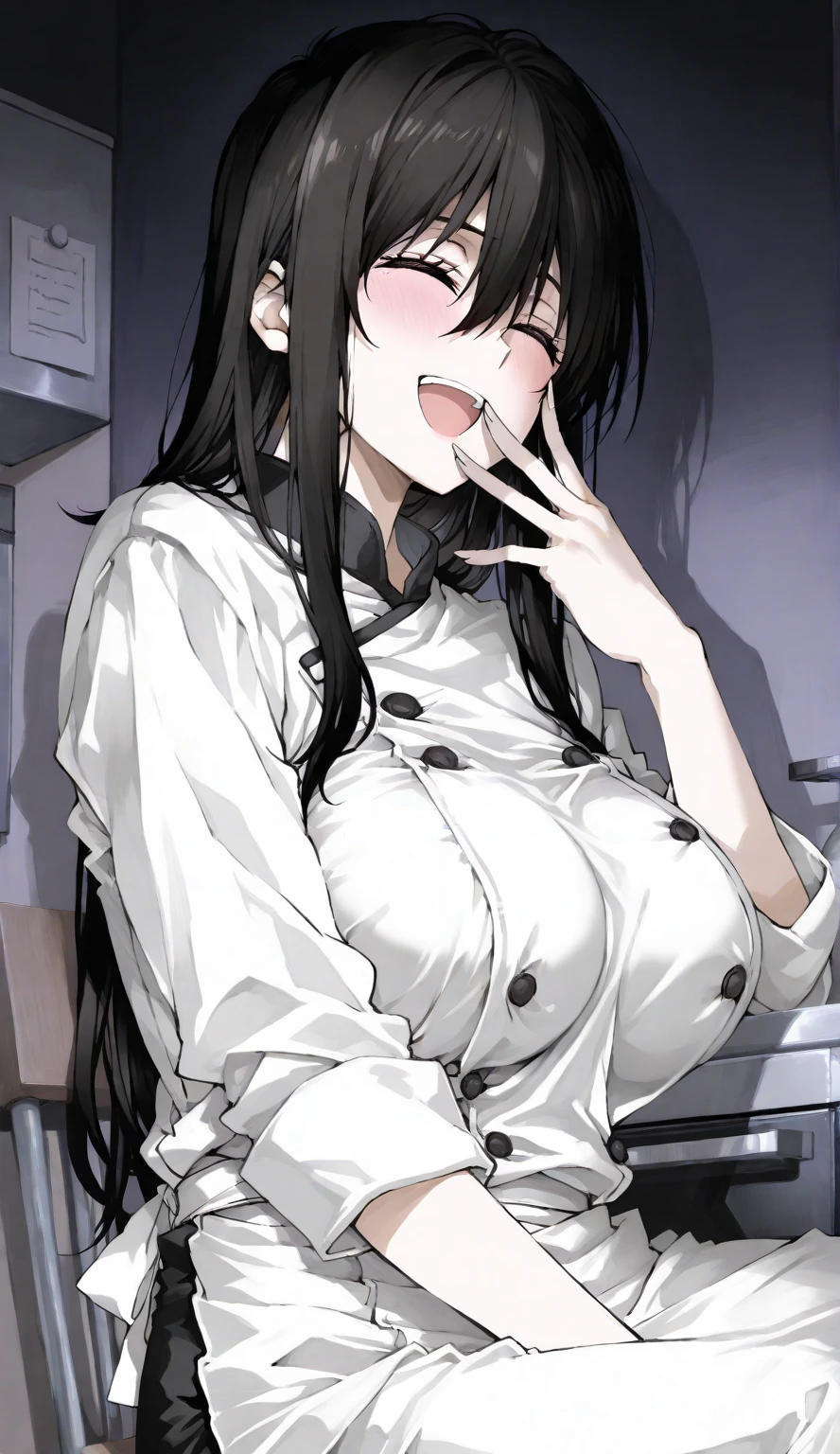 solo, masterpiece, hires,high resolution, best quality, 1girl,large breasts, mature female, <lora:wake_up:1>, black hair, very long hair, messy hair,kitchen, walking, (black panties:1.1), unbuttoned pajama top, yawning, wakeupyawn, half-closed eyes, hand on own hip, waking up, sleepy