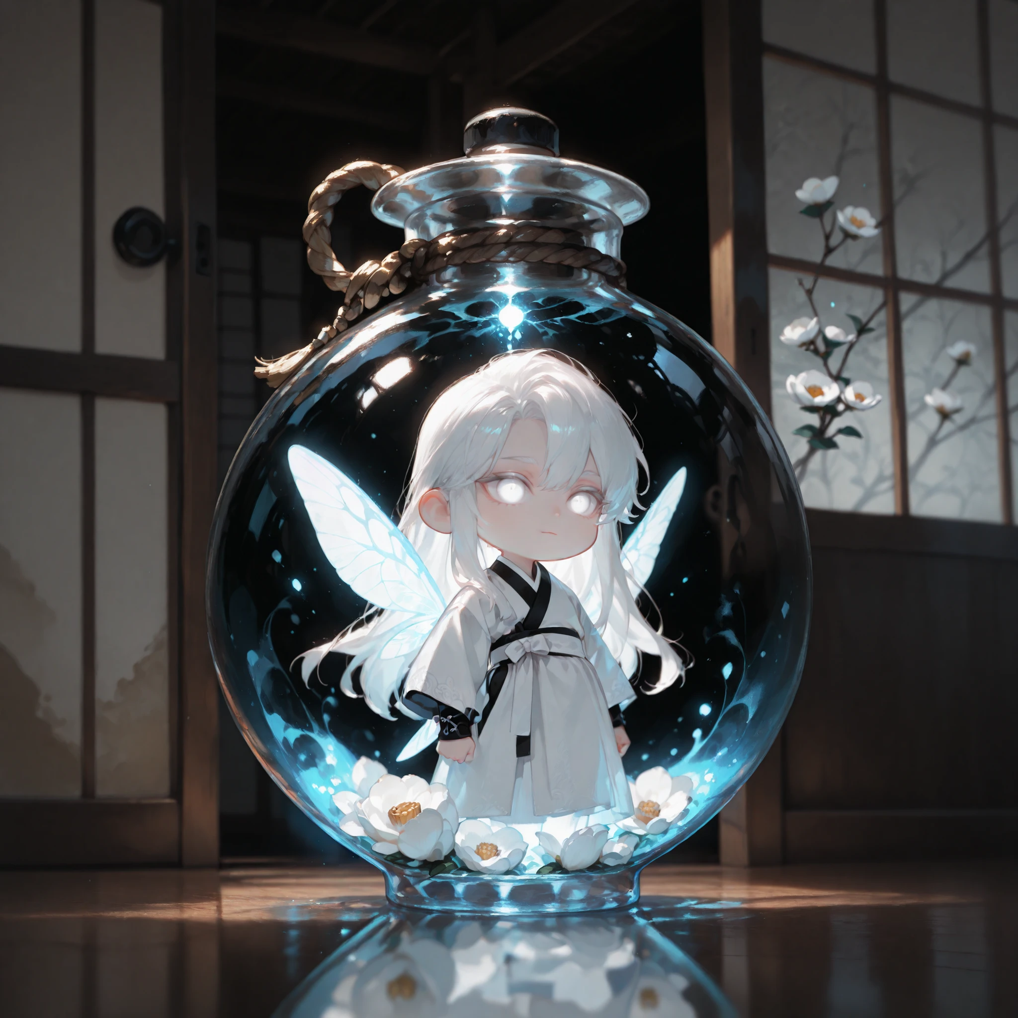 (masterpiece, high quality, ultra-detailed), chibi, solo, 1 boy, close-up, cinematic lighting, dramatic,
male fairy, handsome, long hair, hip-length hair, white hair, white eyes with black outlines, detailed eyes, soft smile, magically glowing wings, traditional korean male outfit, white hanbok with black point, white camellia,
Inside a sealed transparent round glass bottle, glowing liquid inside, Fairy in a bottle
Background is oriental sliding door