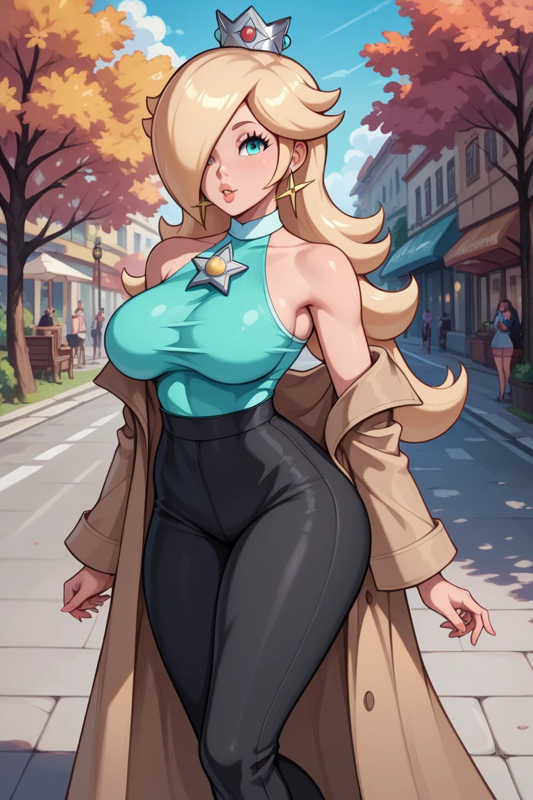 Rosalina from Mario bros, with stockings posing on the street, shiny skin, realistic shading perfect body, standing, perfectly shaded body, blonde goddess, spy family anya costume x, High resolution, ass view, on the city street, girl sexy, Big ass, Big boobs, View from behind.