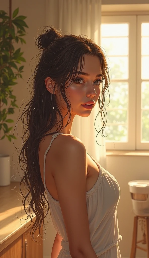 (photorealism:1.2),  (lingerie), in bathtub, wet hair, wet clothes, face closeup, cleavage, long curly hair, indoors, soft lighting, relaxed pose, realistic, intricate details, warm colors, realistic skin texture